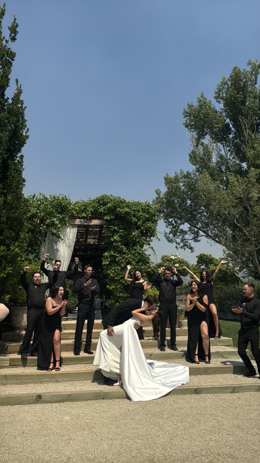 A couple kissing, surrounded by a cheering wedding party on steps