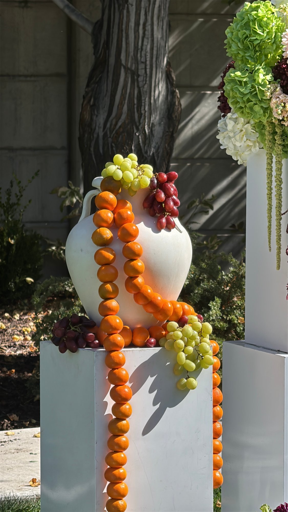 White urn on pedestal draped with orange fruits and grape clusters